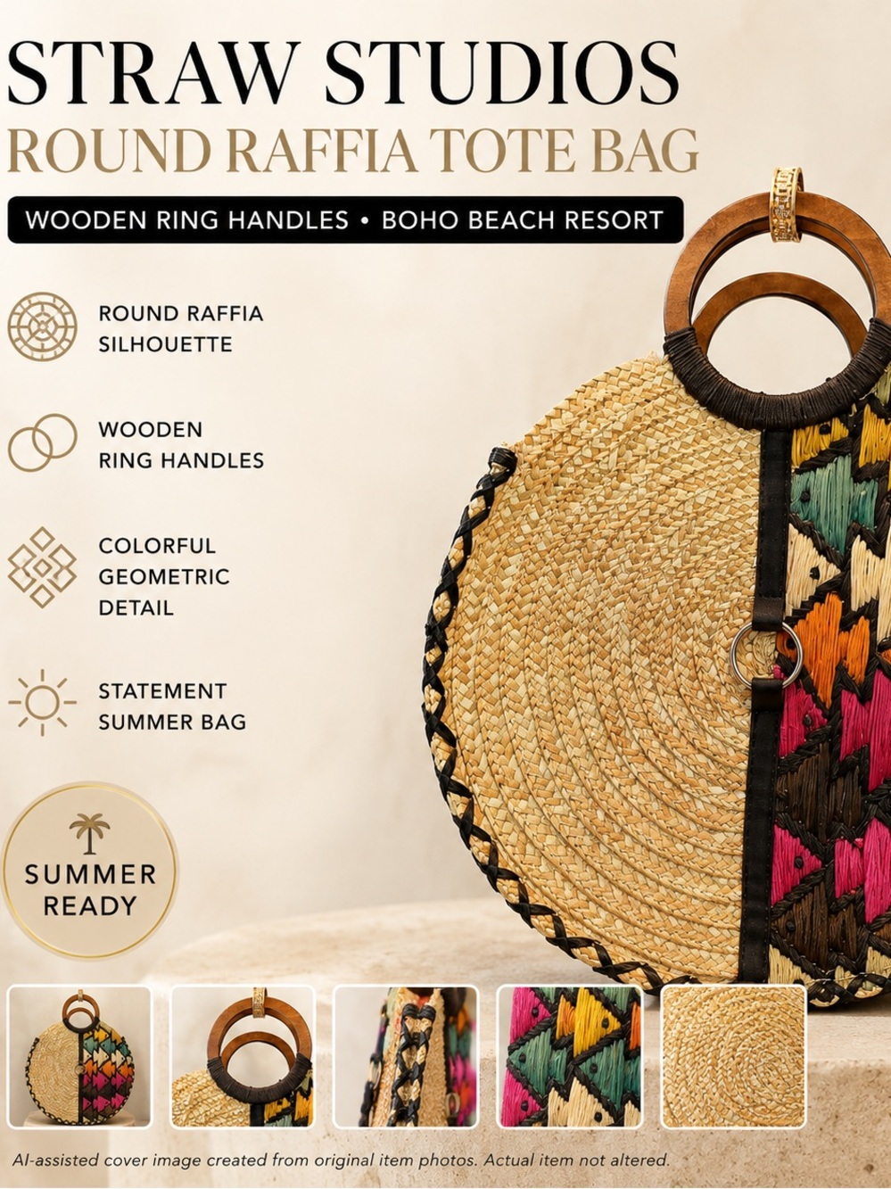 Straw Studios Round Raffia Tote Bag Wooden Ring Handles Boho Beach Resort